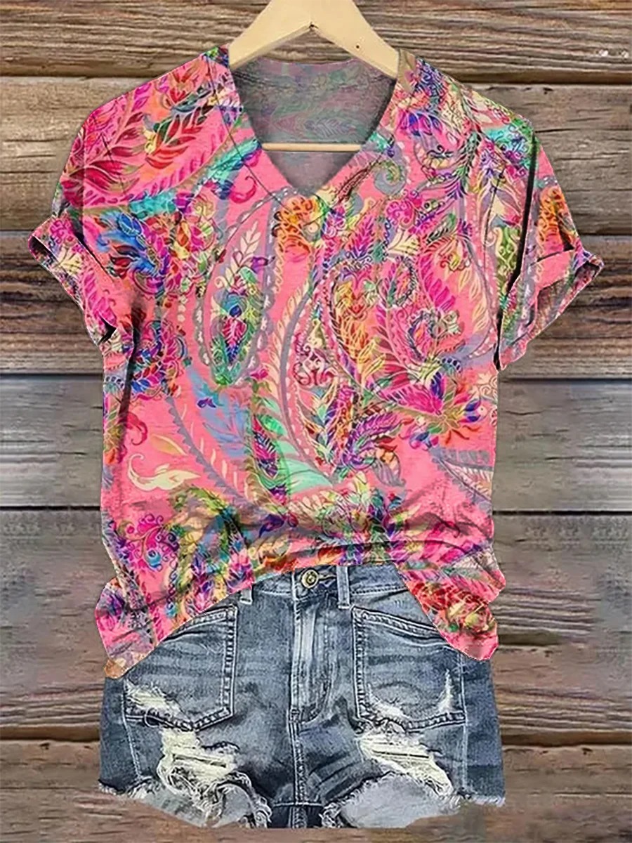 Women's Retro Flower Print V-neck Casual T-Shirt Women's Retro Flower Print V-neck Casual T-Shirt
