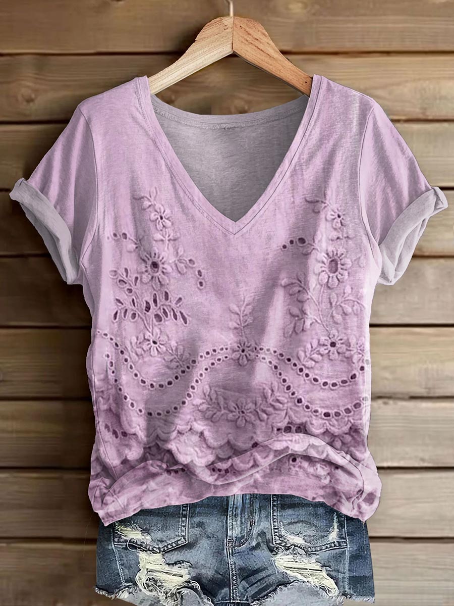 Women's Vintage Floral Texture Art Print V-neck Casual T-Shirt Women's Vintage Floral Texture Art Print V-neck Casual T-Shirt