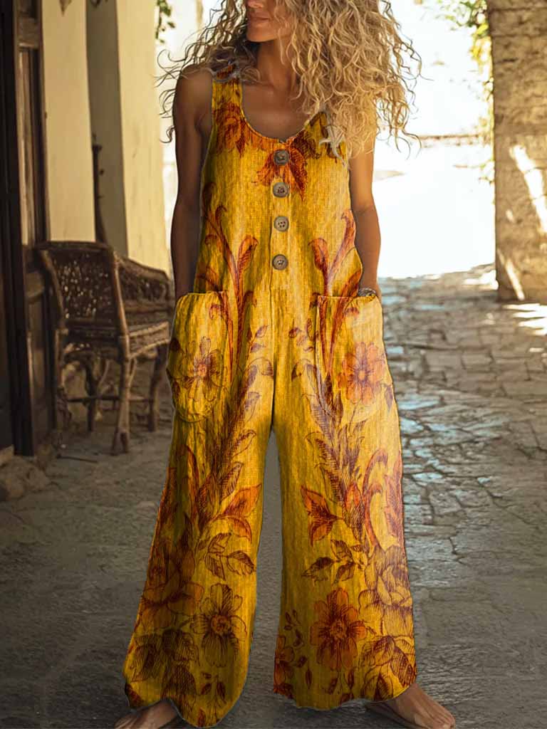 Women's Vintage Floral Art Print Casual 100% Cotton Wide Leg Jumpsuit