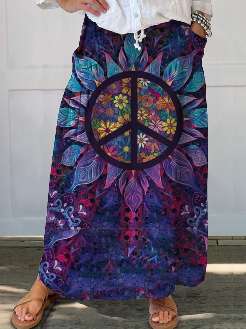 Floral Hippie Pattern Art Print Linen Pocket Skirt Floral Hippie Pattern Art Print Linen Pocket Skirt