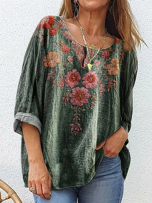 Women's Vintage Floral Pattern Art Print Cotton Linen Casual Shirt
