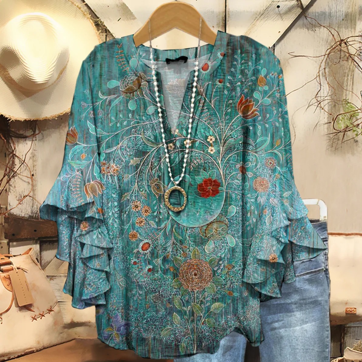 Women's Vintage Floral Art Print V-neck Casual T-Shirt-1 Women's Vintage Floral Art Print V-neck Casual T-Shirt-1