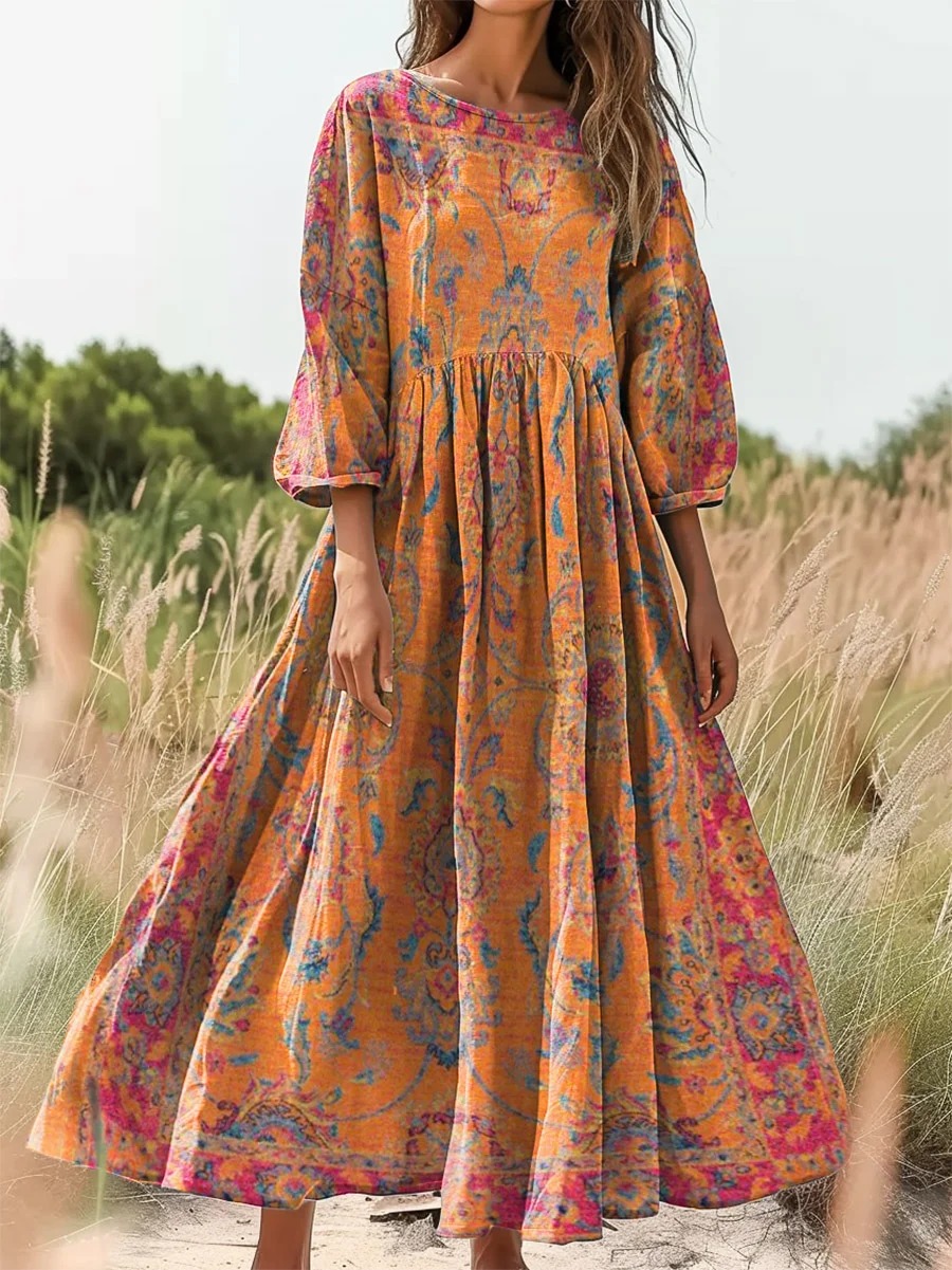 Women's Vintage Folk Art Floral Pattern Print Pocket Cotton Dress Women's Vintage Folk Art Floral Pattern Print Pocket Cotton Dress