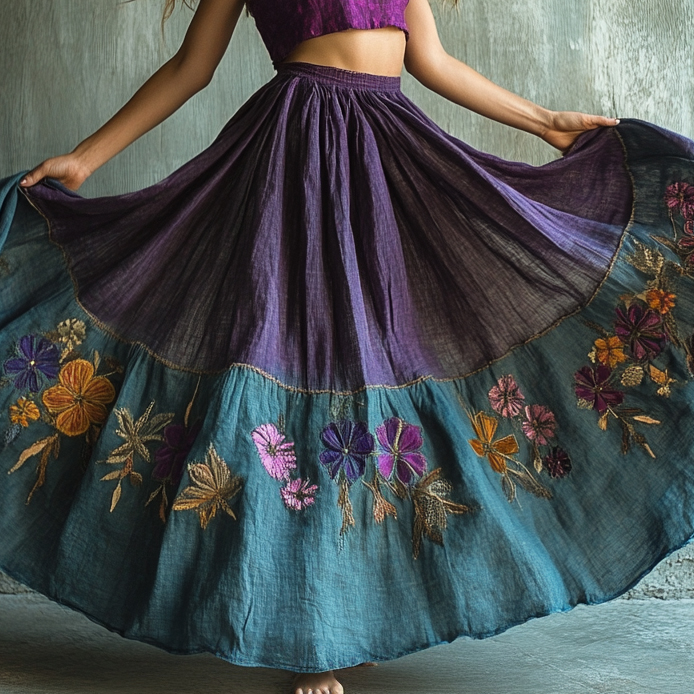Vintage Floral Embroidered Pattern Art Linen Blend Skirt Vintage Floral Embroidered Pattern Art Linen Blend Skirt