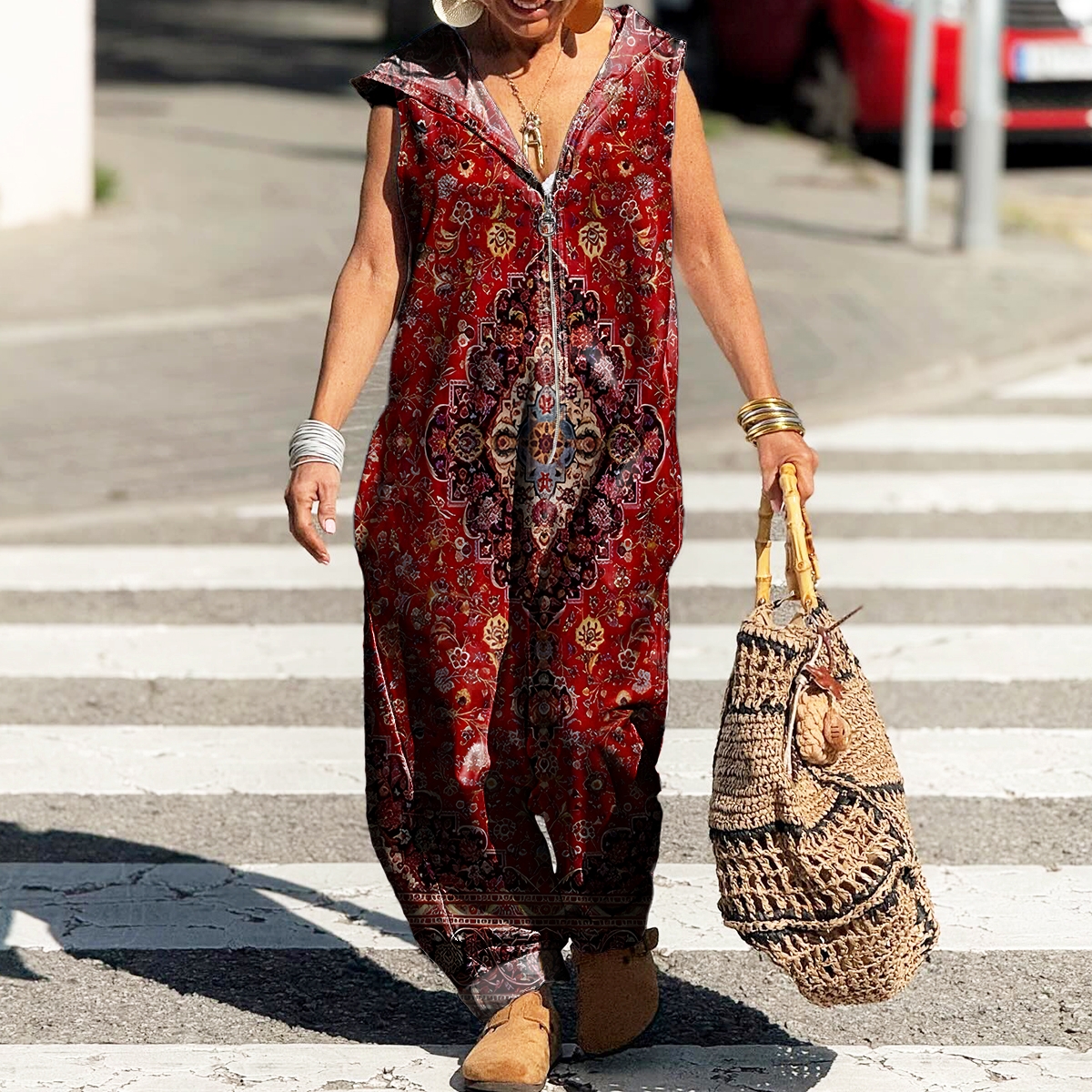 Women's Ethnic Totem Print Casual Zipper Hooded Cotton Jumpsuit