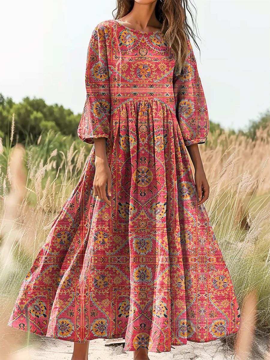 Women's Ethnic Tattoo Pattern Art Print Cotton Round Neck Dress