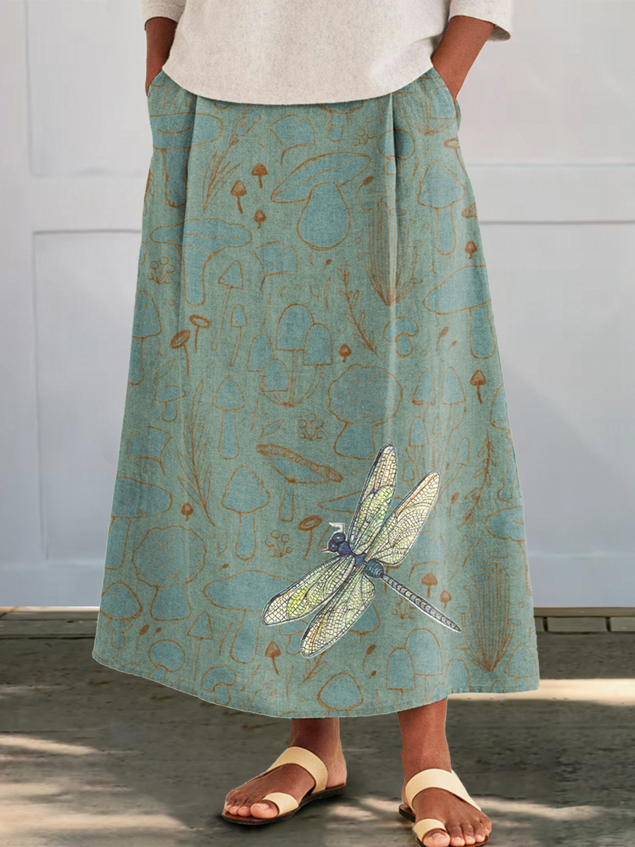 Women's Dragonfly Mushroom Print Cotton and Linen Pocket Skirt