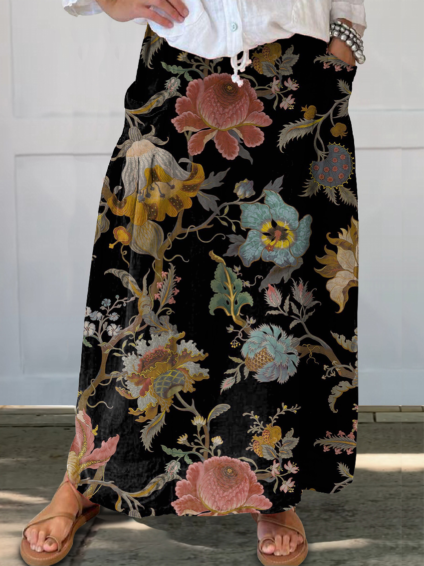 Women's Vintage Ethnic Floral Art Print Linen Pocket Skirt