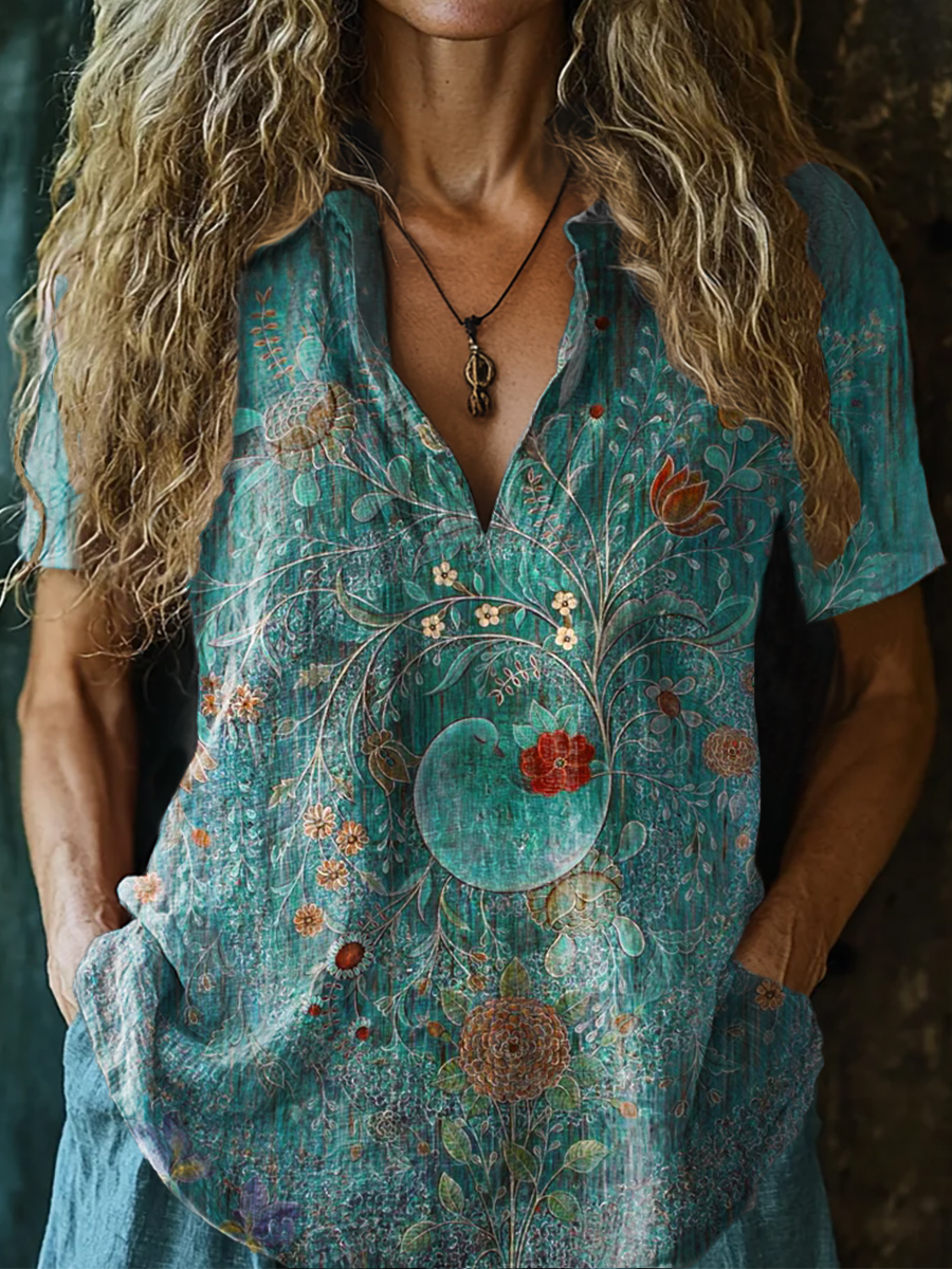 Women's Vintage Floral Art Print Casual Short Sleeve Comfortable Cotton Shirt