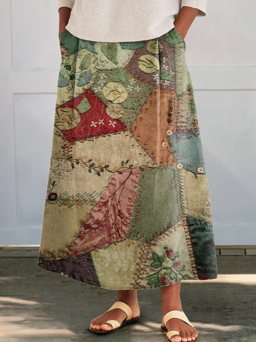 Women's Retro Ethnic Patchwork Pattern Printed Cotton and Linen Pocket Skirt