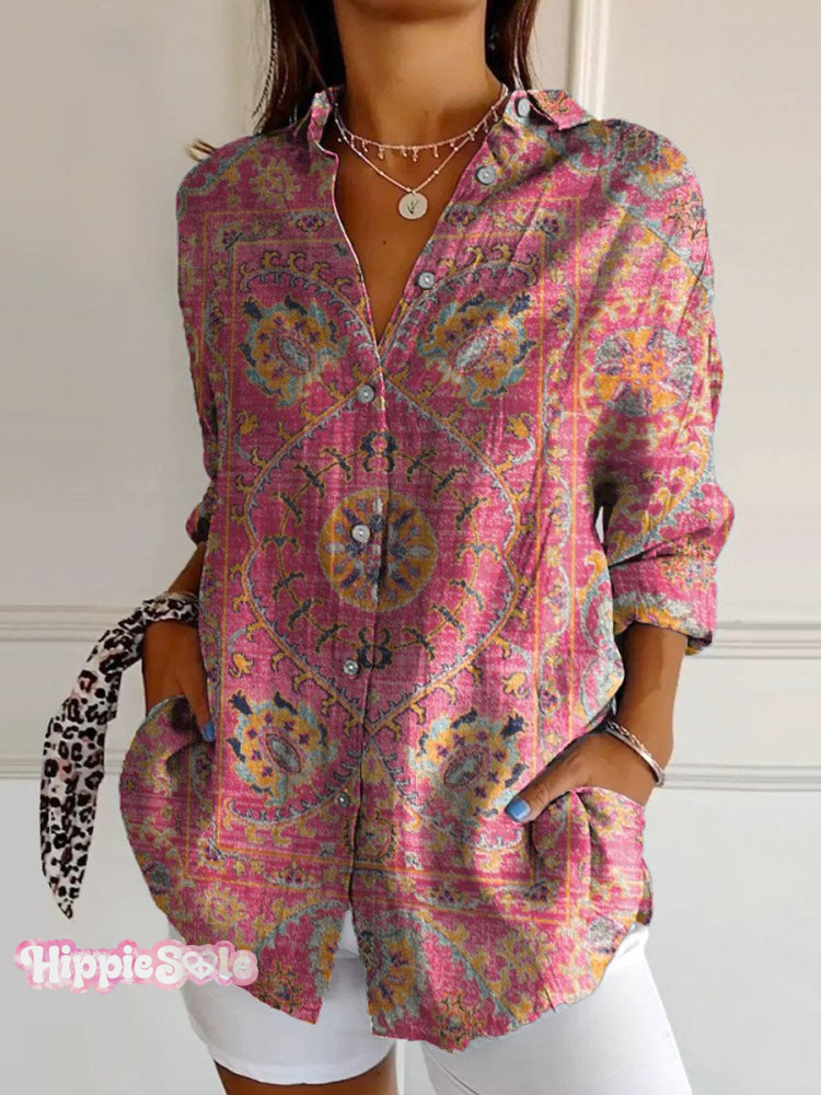 Women's Colorful Retro Totem Print Casual Cotton Shirt