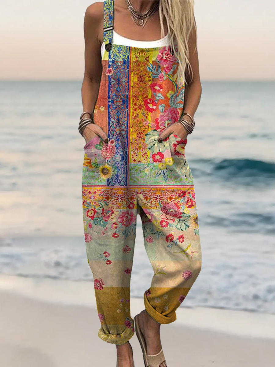 Women's Floral Pattern Art Print Casual 100% Cotton Wide Leg Jumpsuit