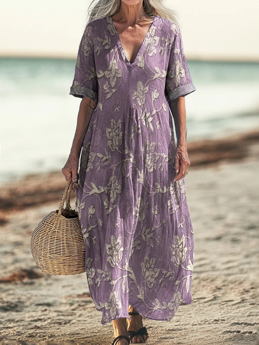 Women's Vintage Folk Art Floral Pattern Print Pocket Cotton Dress Women's Vintage Folk Art Floral Pattern Print Pocket Cotton Dress