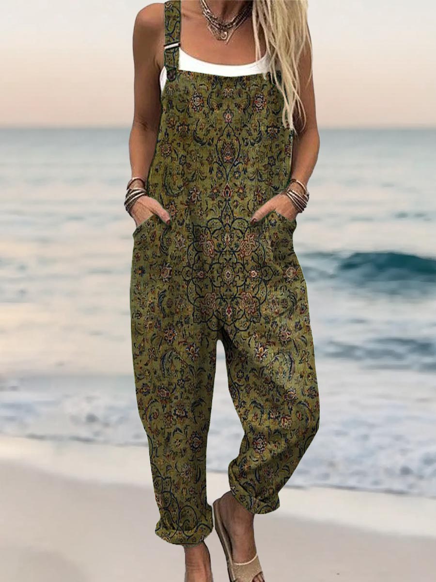 Women's Vintage National Totem Pattern Print Casual 100% Cotton Jumpsuit