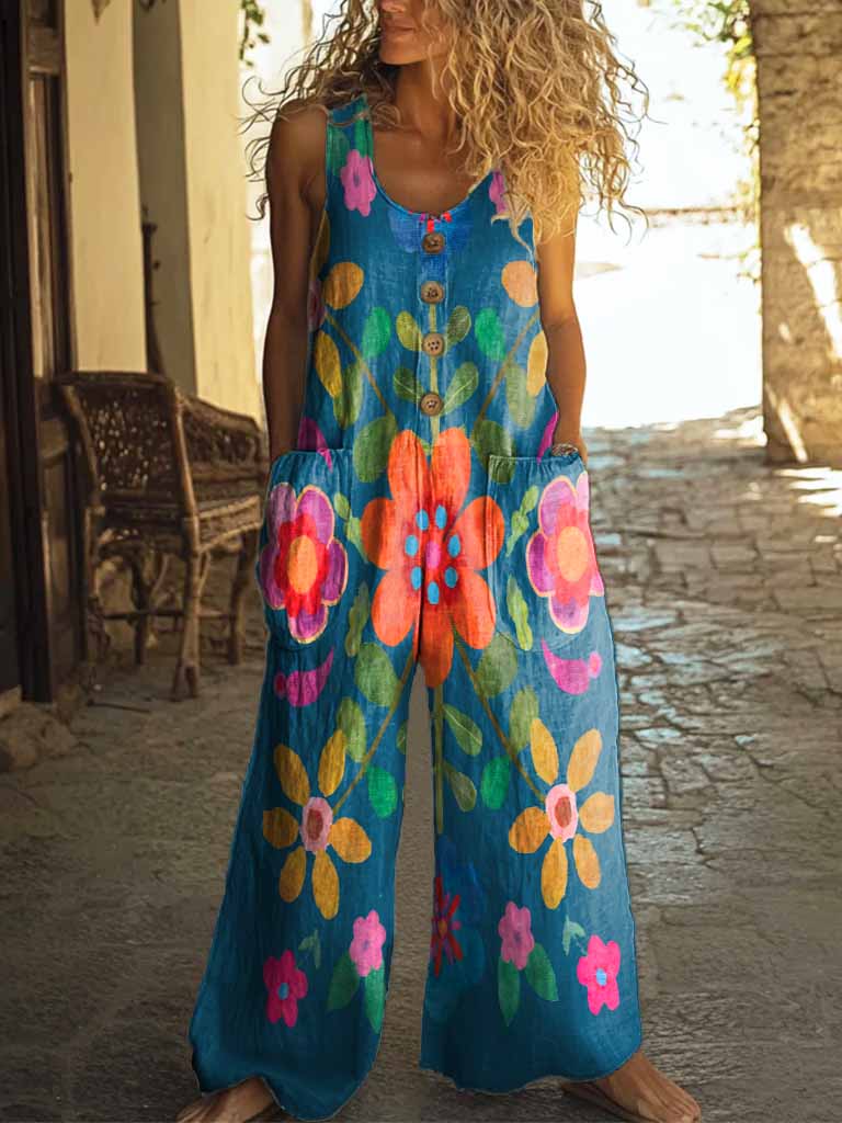 Women's Boho Floral Art Print Casual 100% Cotton Wide Leg Jumpsuit Women's Boho Floral Art Print Casual 100% Cotton Wide Leg Jumpsuit