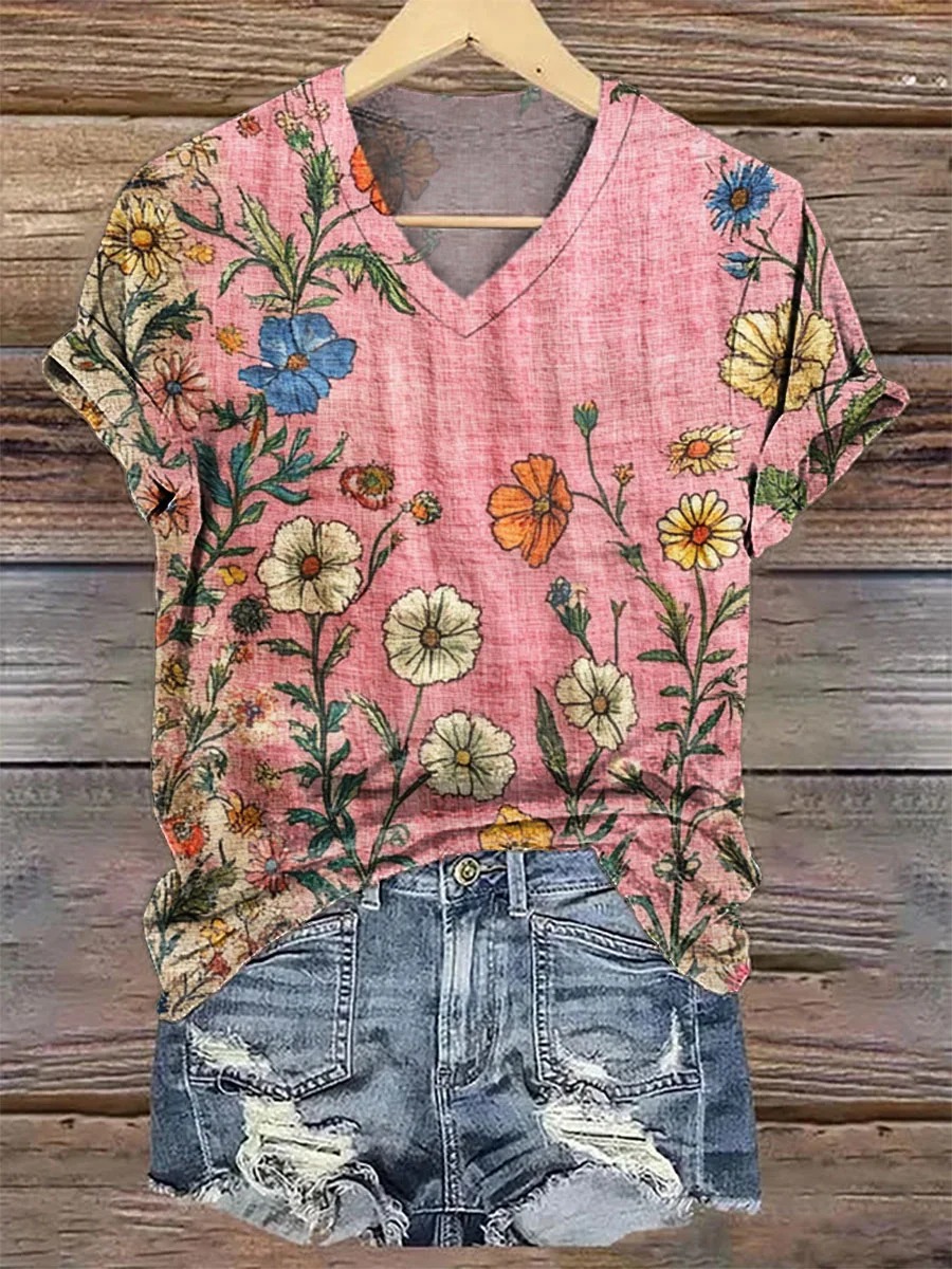 Women's Retro Flower Print V-neck Casual T-Shirt Women's Retro Flower Print V-neck Casual T-Shirt