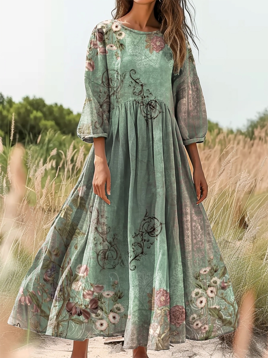 Women's Retro Ethnic Flowers Art Print Flowy Cotton Crew Neck Dress