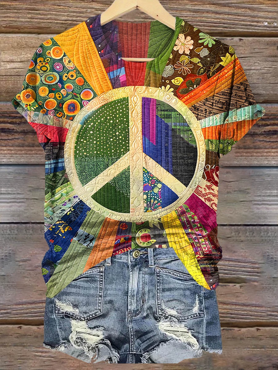 Women's Retro Peace Pattern Print Pocket Cotton Dress Women's Retro Peace Pattern Print Pocket Cotton Dress